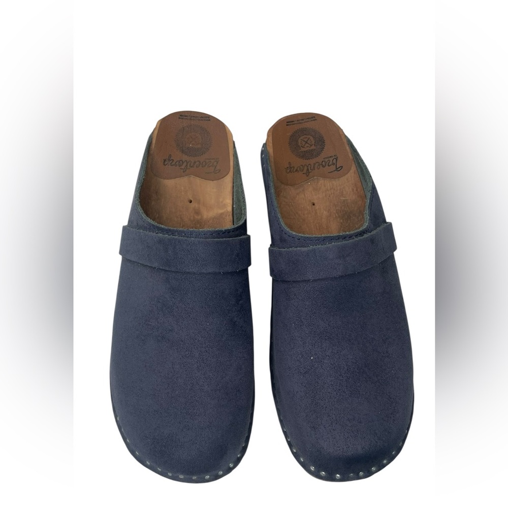 Troentrop Da Vinci Blue Suede Structured Wooden Clogs Women’s US 8 EU 38 Slip On
